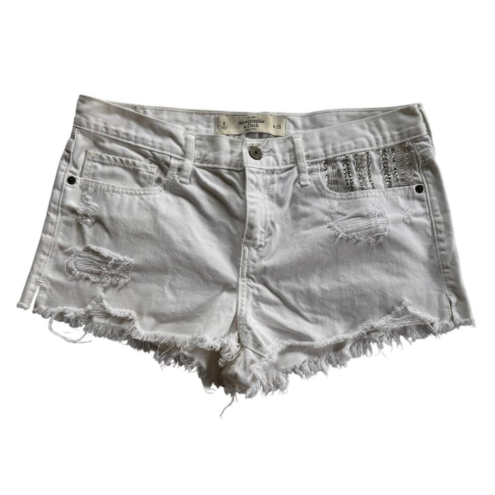 Abercrombie & Fitch White Distressed Denim Shorts Size 8 W29 Studded